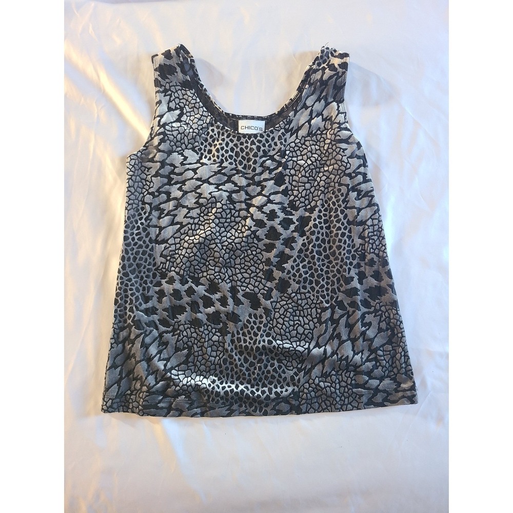 Chicos Womens Size 1 Leopard Print Sheer Tank Top Silver Black Medium - Picture 15 of 16